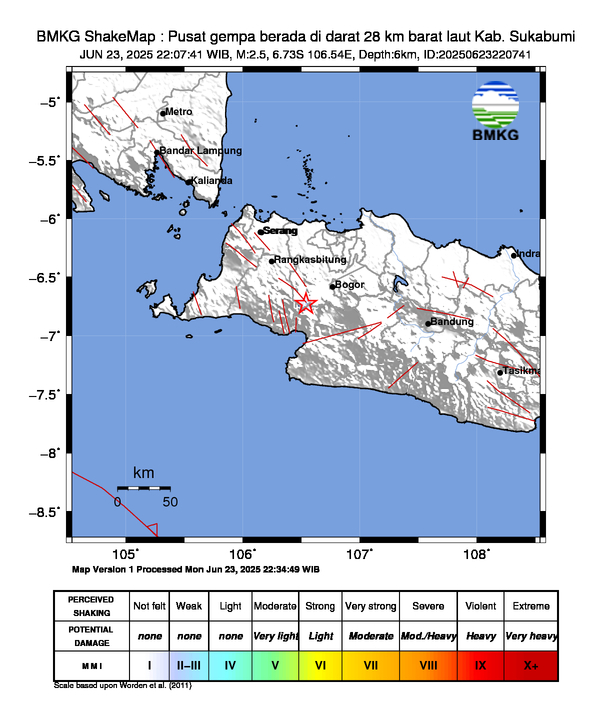 #Gempa (UPDATE) Mag:2.5, 23-Jun-25 22:07:41 WIB, Lok:6.73 LS, 106.54 BT (Pusat gempa berada di darat 28 km barat laut Kab. Sukabumi), Kedlmn:6 Km Dirasakan (MMI) II Kab. Bogor #BMKG