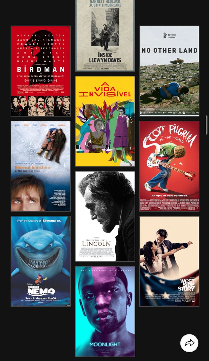 FilmUpdates's tweet photo. Rachel Zegler names her 10 favorite movies of the century:

Birdman
Eternal Sunshine of the Spotless Mind
Finding Nemo
Inside Llewyn Davis
The Invisible Life of Eurídice Gusmão
Lincoln
Moonlight
No Other Land
Scott Pilgrim vs. the World
West Side Story

(https://t.co/Mq1V2uyADH) https://t.co/RFg0QBbkYq