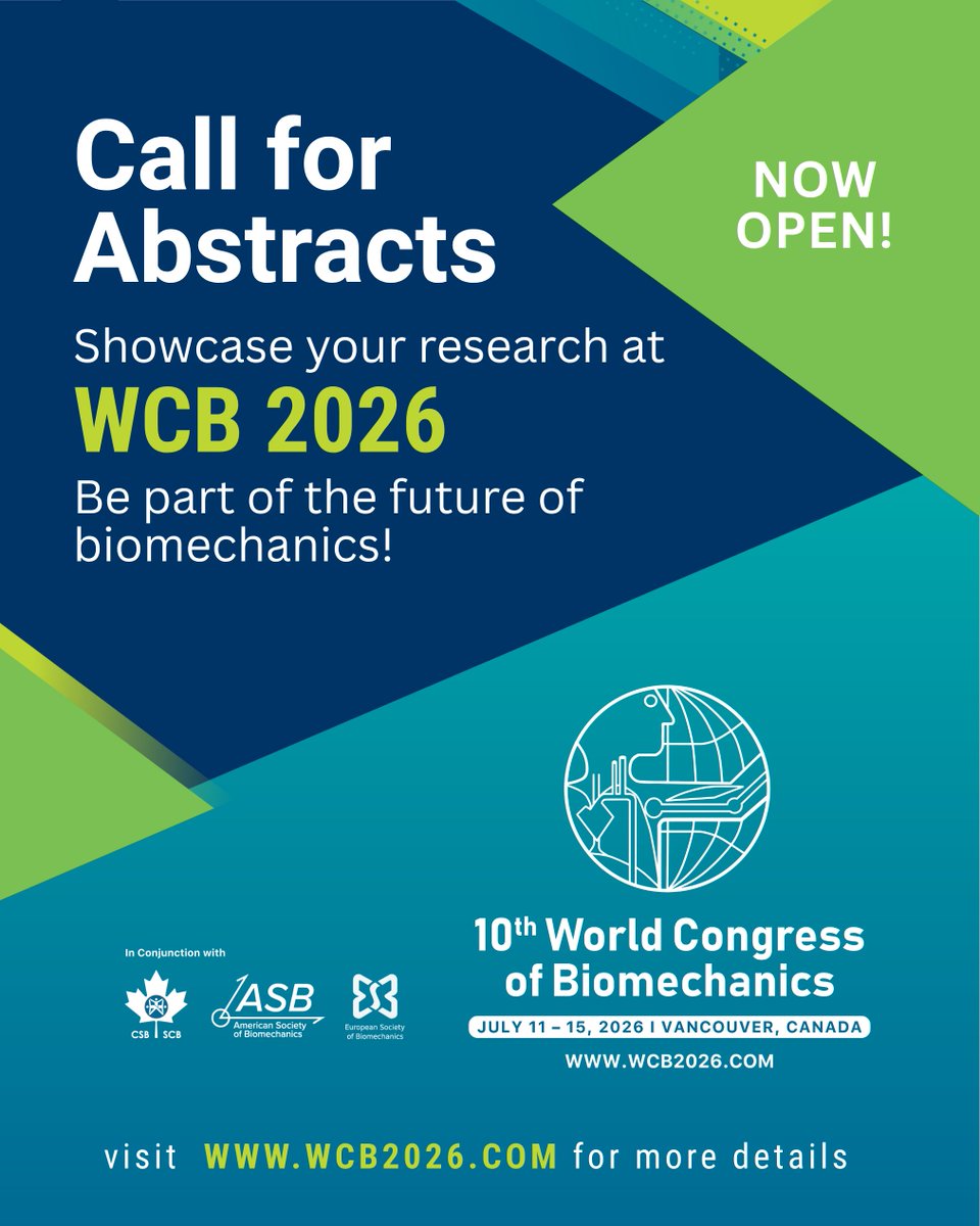📢 Abstract Submissions for #WCB2026 Now Open!
Showcase your biomechanics research at the 10th World Congress of Biomechanics 🌍
💡 16 tracks | No submission fee | Travel bursaries available
🔗 Call For WCB 2026 Abstracts
#Biomechanics #CallForAbstracts