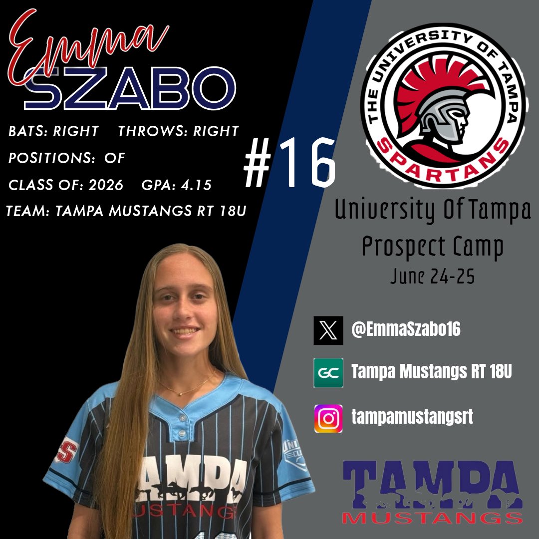 Excited to attend the two day prospect camp <a href="/UTampaSoftball/">Tampa Softball</a>. Looking forward to see the coaches and players!
<a href="/TampaMustangsRT/">Tampa Mustangs RT 18u</a> <a href="/CoachNeubauer_6/">Katie Neubauer</a>