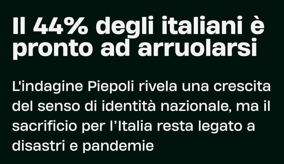 Quasi 1 su 2 ha detto sì!

Peccato che l'età media degli italiani sia 48 anni, quindi una grossa parte di quelli che hanno detto di sì sanno benissimo che l'esercito non li prenderà mai, perché sono vecchi.
E questa è una splendida opportunità per fare i patrioti dal divano.