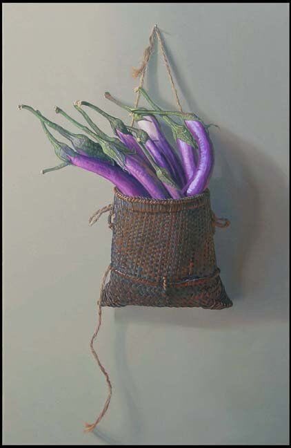 Still Life time 
‘Market Egglants 
Tim O’Kane 
American painter from Richmond Virginia 
The colours are amazing 
 The tatty loose stringed bag just adds to the charm of the piece