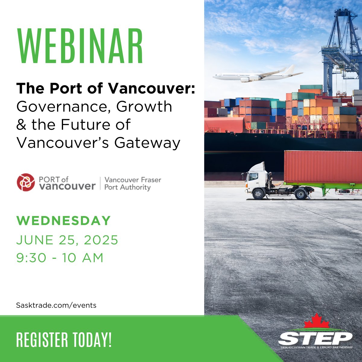 STEP (@sasktrade) on Twitter photo ‼️LAST CHANCE to REGISTER for an exclusive 2-min WEBINAR with <a href="/PortVancouver/">Port of Vancouver</a>: us06web.zoom.us/webinar/regist…
✨ Discover how the Port Authority manages this essential national asset and what the future holds for one of North America’s most critical trade gateways. Q&A to follow! ‼️LAST CHANCE to REGISTER for an exclusive 2-min WEBINAR with <a href="/PortVancouver/">Port of Vancouver</a>: us06web.zoom.us/webinar/regist…
✨ Discover how the Port Authority manages this essential national asset and what the future holds for one of North America’s most critical trade gateways. Q&A to follow!