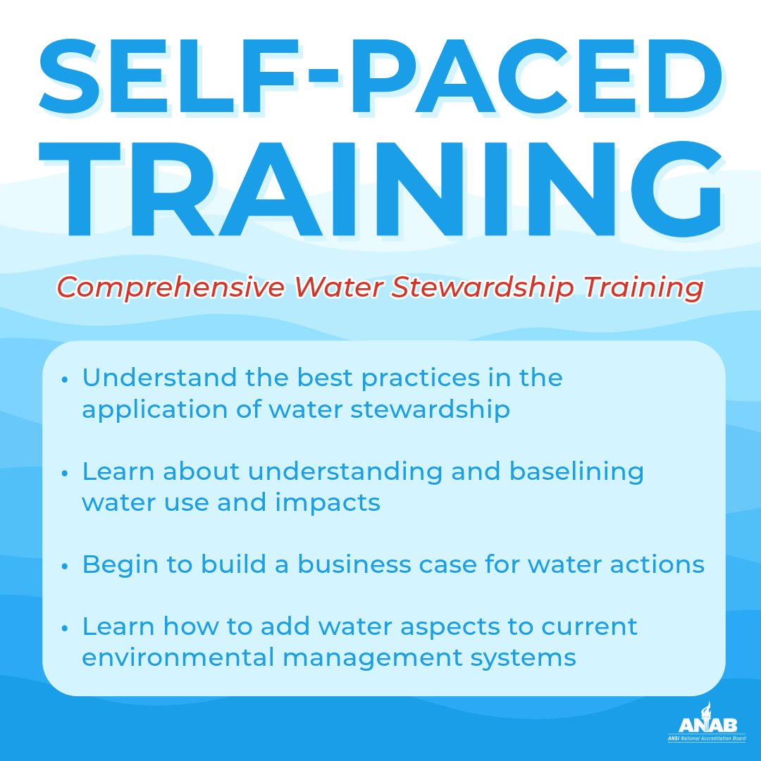 #WaterStewardship goes beyond conservation. It’s about understanding water-related risks, engaging stakeholders, and implementing responsible practices that align with international standards. Register for ANAB’s self-paced Comprehensive Water Stewardship Training course to gain