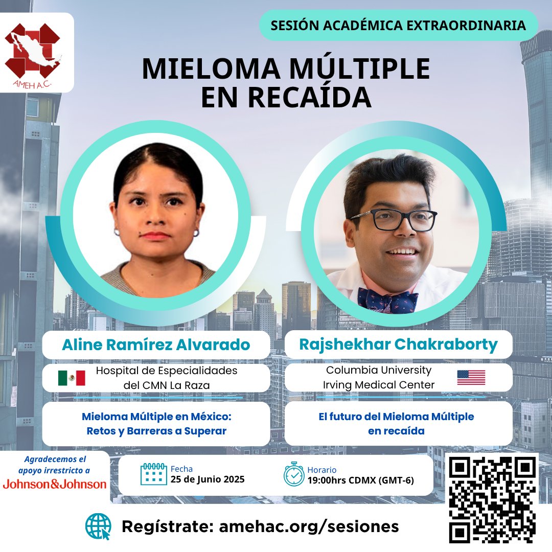 AMEH A.C. (@contactoameh) on Twitter photo Sesión académica extraordinaria: "Mieloma múltiple en recaída" 🧬🧫
Coord. Dr. <a href="/dgomezalmaguer/">David Gómez-Almaguer</a> 👨⚕️
Expertos:
Dra. Aline G. Ramírez Alvarado 🇲🇽
Dr. <a href="/rajshekharucms/">Raj Chakraborty</a> 🇺🇸
🗓️ Miércoles 25 de junio | 19:00 hrs (GMT-6)
🔗 ¡Regístrate!: amehac.org/sesiones
¡No te lo pierdas! Sesión académica extraordinaria: "Mieloma múltiple en recaída" 🧬🧫
Coord. Dr. <a href="/dgomezalmaguer/">David Gómez-Almaguer</a> 👨⚕️
Expertos:
Dra. Aline G. Ramírez Alvarado 🇲🇽
Dr. <a href="/rajshekharucms/">Raj Chakraborty</a> 🇺🇸
🗓️ Miércoles 25 de junio | 19:00 hrs (GMT-6)
🔗 ¡Regístrate!: amehac.org/sesiones
¡No te lo pierdas!