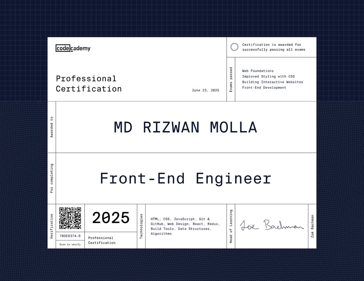 MdRizwanMolla's tweet photo. I’m pleased to share that I’ve obtained a new certification: Front-End Engineer Career Path from @Codecademy !

#FrontendDevelopment #WebDevelopment #React #JavaScript #Codecademy https://t.co/bo3Y3scoln