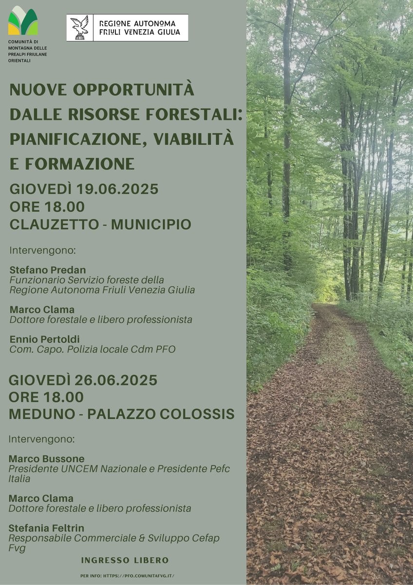 📅 Giovedì 26 giugno #PEFCItalia parteciperà all’incontro pubblico “Nuove opportunità dalle risorse forestali: pianificazione, viabilità e formazione”, promosso dalla Comunità di Montagna delle Prealpi Friulane Orientali e dalla Regione Friuli Venezia Giulia.
I dettagli 👇