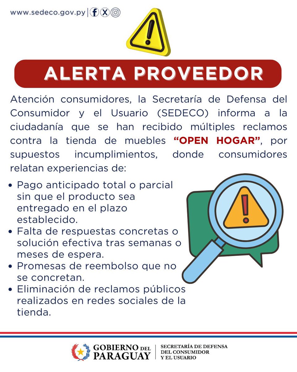 sedecopy's tweet photo. ⚠️ ALERTA DE PROVEEDOR
SEDECO advierte sobre reclamos reiterados contra tienda de muebles - Open Hogar.

La Secretaría de Defensa del Consumidor y el Usuario (SEDECO) informa a la ciudadanía que se han recibido múltiples reclamos contra la tienda de muebles “Open Hogar”, https://t.co/0ER37wGmdq