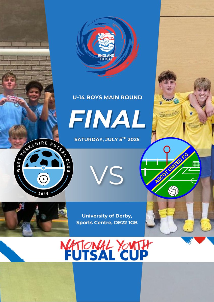 England Futsal (@englandfutsal) on Twitter photo <a href="/westyorksfutsal/">West Yorkshire Futsal Club</a> ⚔️ <a href="/AscotUnitedFC/">Ascot United FC</a>
U14 Main Round Finalists 🤩
West Yorks overcame <a href="/COPFC2014/">City Of Peterborough Futsal Centre</a> 9-6 in an extra-time thriller, while Ascot beat <a href="/F360Bristol/">Futsal 360°</a> 8-5 👏
Incredible achievement from both sides and good luck in what should be a fantastic final.
Next stop, Derby 🦁 <a href="/westyorksfutsal/">West Yorkshire Futsal Club</a> ⚔️ <a href="/AscotUnitedFC/">Ascot United FC</a>
U14 Main Round Finalists 🤩
West Yorks overcame <a href="/COPFC2014/">City Of Peterborough Futsal Centre</a> 9-6 in an extra-time thriller, while Ascot beat <a href="/F360Bristol/">Futsal 360°</a> 8-5 👏
Incredible achievement from both sides and good luck in what should be a fantastic final.
Next stop, Derby 🦁