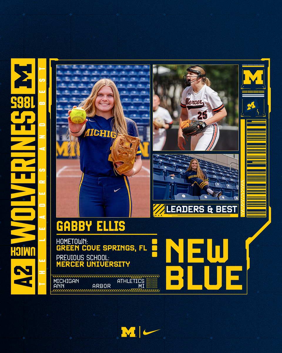 Michigan Softball (@umichsoftball) on Twitter photo 𝙉𝙚𝙬 𝘽𝙡𝙪𝙚! 〽️
We are thrilled to officially welcome RHP <a href="/GabbyEllis3/">Gabby Ellis</a> to our Wolverine program. Gabby joins us as a transfer from Mercer with two years of eligibility remaining. 𝙉𝙚𝙬 𝘽𝙡𝙪𝙚! 〽️
We are thrilled to officially welcome RHP <a href="/GabbyEllis3/">Gabby Ellis</a> to our Wolverine program. Gabby joins us as a transfer from Mercer with two years of eligibility remaining.