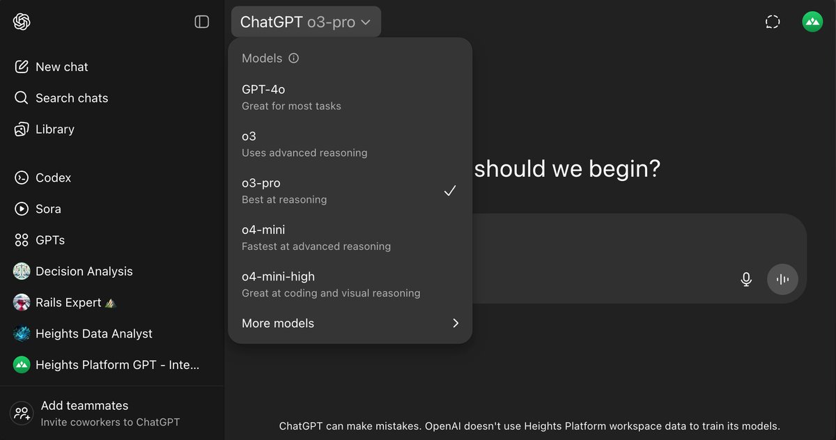 BryanMcAnulty's tweet image. o3 Pro is now available on ChatGPT Team plan!
At least my team has had access to it for the past few days in both web and desktop apps.
I don't see any information about how much it can be used, but it's nice to have since previously required Team + Pro account.
cc @btibor91
