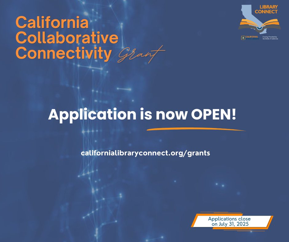 ca_libryconnect's tweet image. 📢 Attention CA Libraries!
The CCC Grant Application is OPEN! 🚀
Apply for up to $750,000 to boost your broadband!

🗓️ Deadline: July 31, 2025
🔗 Apply now: californialibraryconnect.org/grants
#Broadband #CaliforniaLibraries #LibraryFunding #CLC
