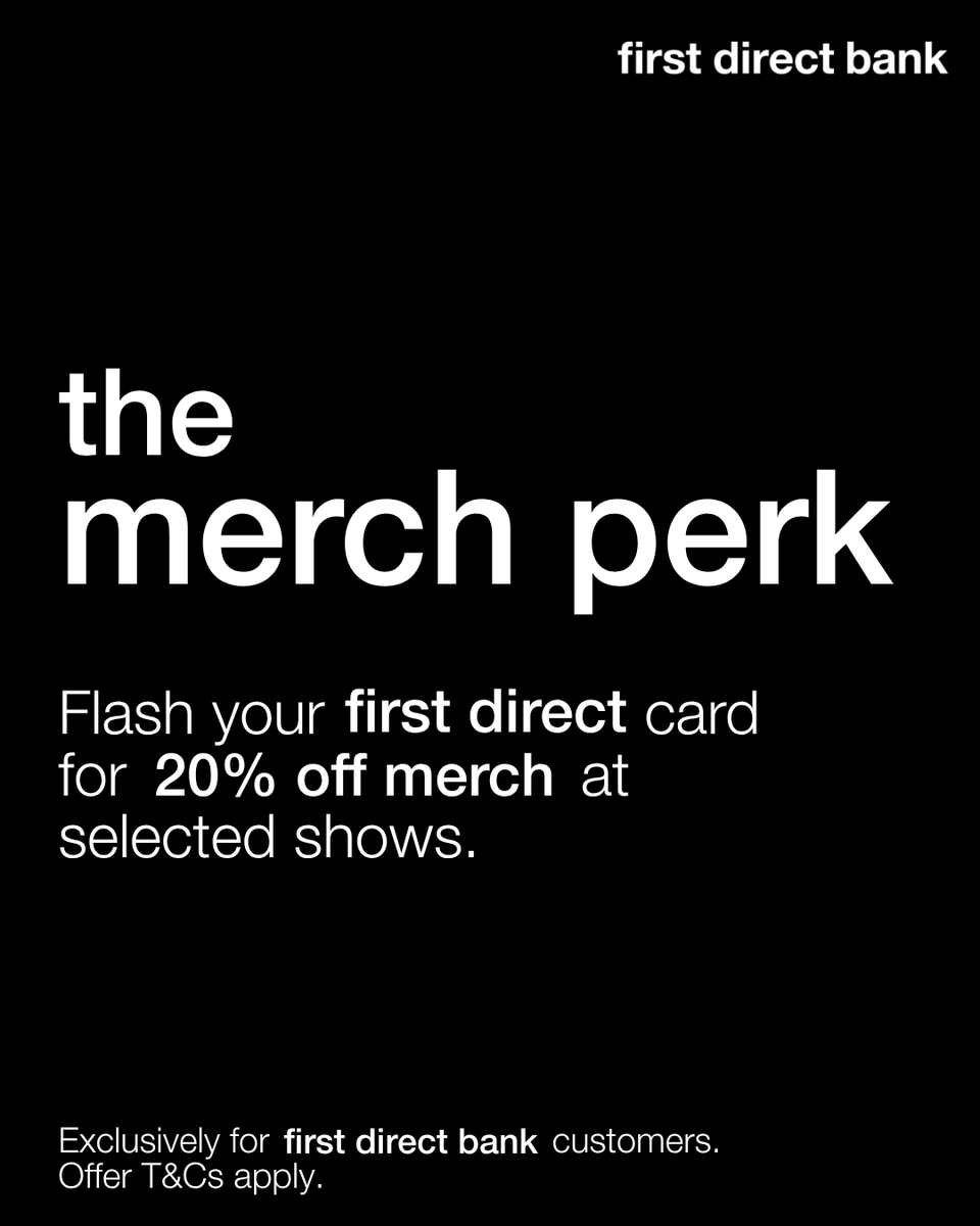 fdarena's tweet photo. Get 20% off merch at selected shows at first direct arena when you flash your first direct debit or credit card at the stand.
Rock the look, spend less. 
For T&amp;Cs, visit https://t.co/oG2ieQxZrh
@firstdirect  #firstdirectarena #leeds #merchperk https://t.co/Dkek1uWJEy