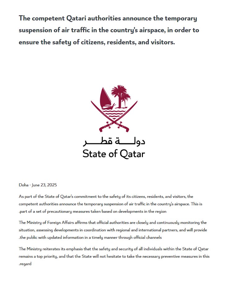 #BREAKING

Due to the situation in the Middle East, #Qatar has closed its airspace as of 23 June 2025 at 15:30 UTC until further notice.

Flight bound to #Doha airport being diverted to other airports

<a href="/MofaQatar_EN/">Ministry of Foreign Affairs - Qatar</a> <a href="/qatarairways/">Qatar Airways</a> <a href="/DohaAirport/">Doha Intl Airport</a>