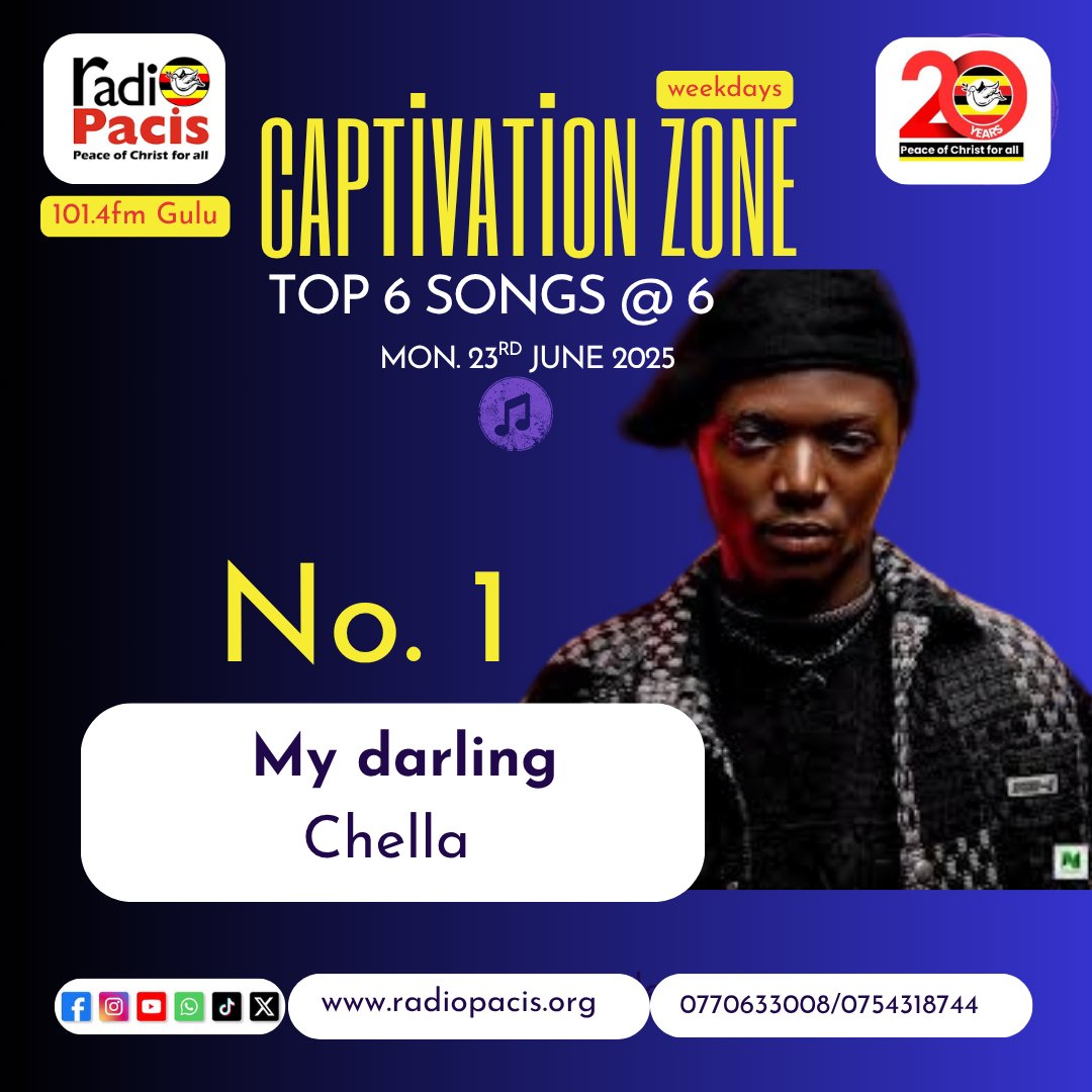 RadioPacisGulu's tweet photo. Top 6 at 6
Playing now>>>>>
My Darling _Chella Plays at Number one with @JimmJay_
#CaptivationZone
#LetsGoGreen https://t.co/iBP54gaIBl