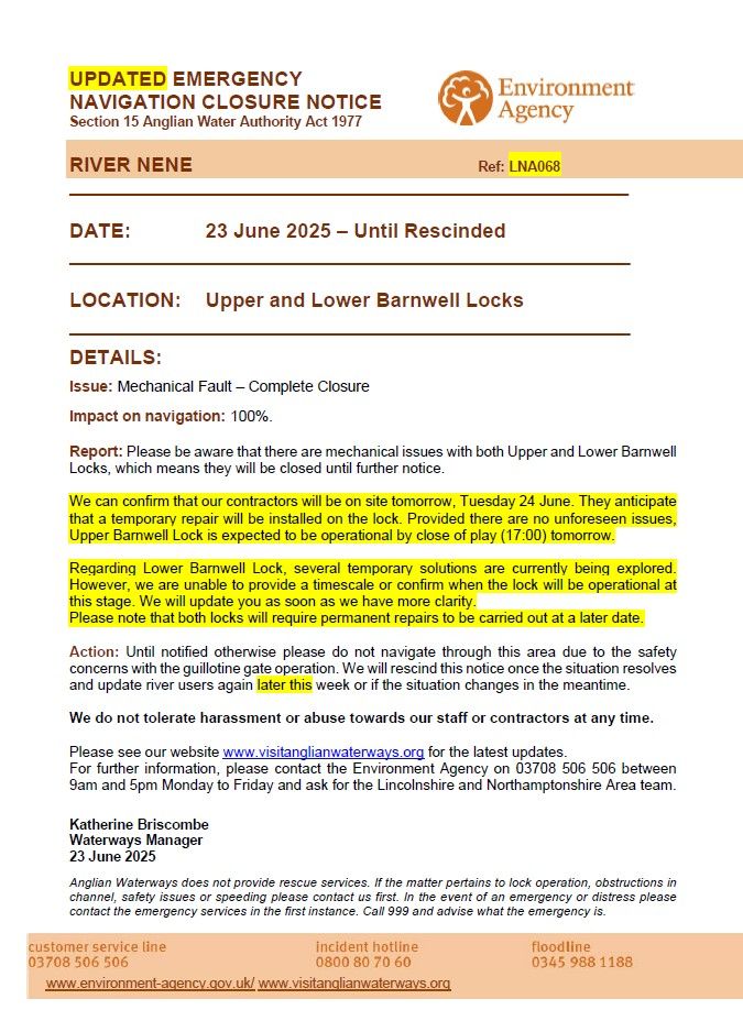 Please see our latest updated Emergency Navigation Closure Notice for Upper &amp; Lower Barnwell Locks on the #RiverNene.  Our contractors anticipate that Upper Barnwell Lock will re-open by the close of play tomorrow afternoon.  A solution for Lower Barnwell Lock is being worked on.