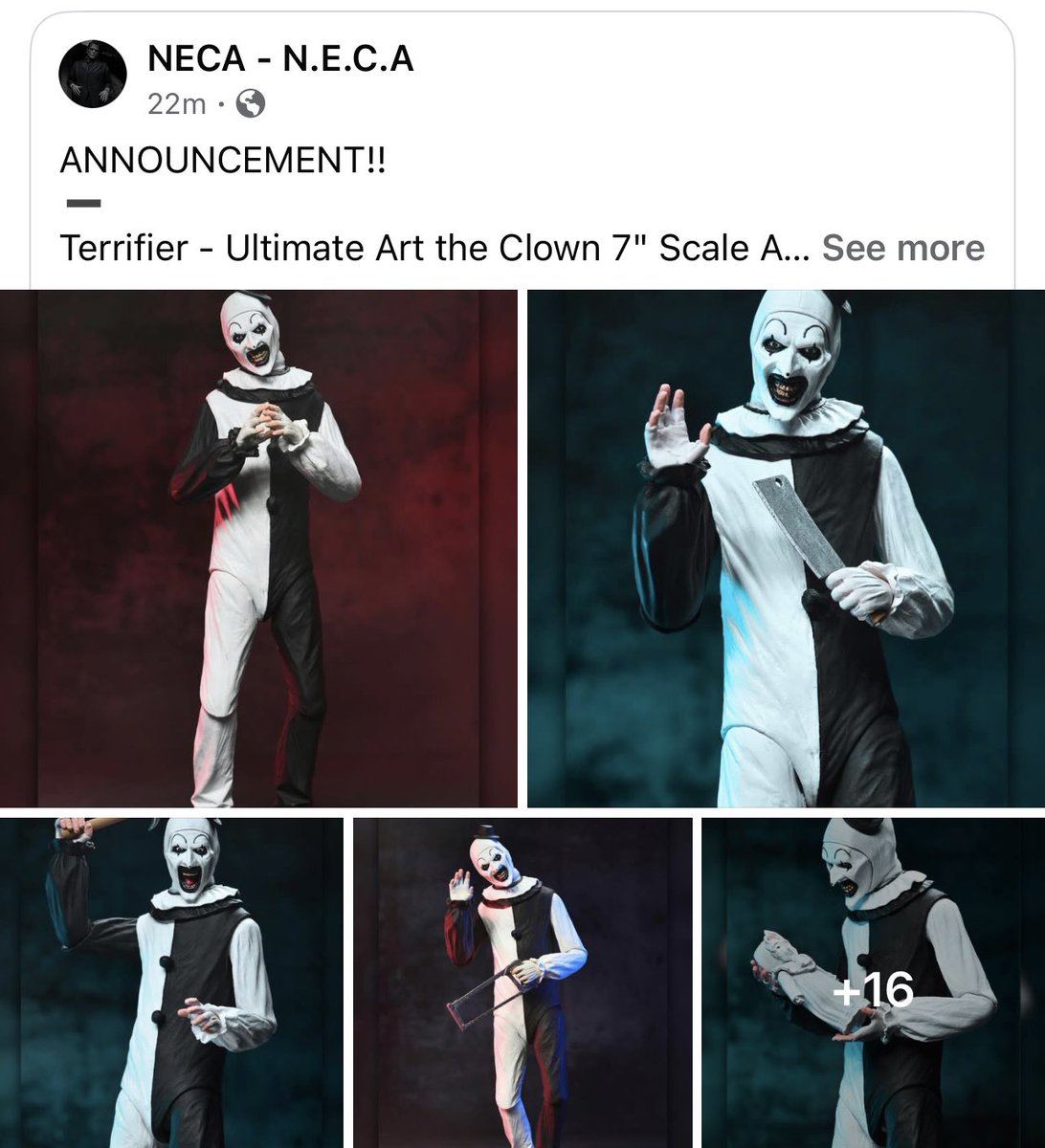 One of those most highly anticipated Art the Clown figures is on its way from Neca 🔥 🤡  Available on the Neca store today at 2pm ET.
