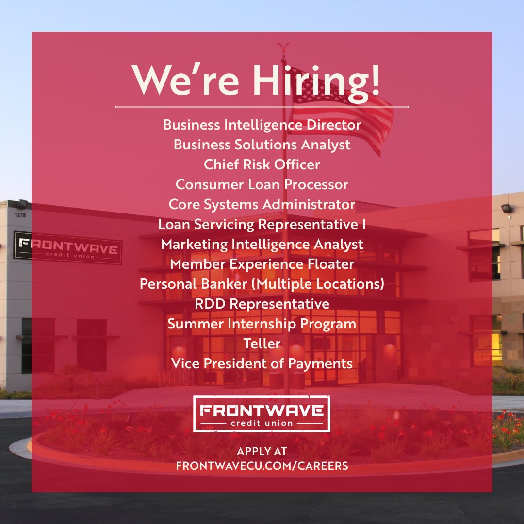 🚨 We’re Hiring! 🚨

Looking for a career where you can grow, make an impact, and be part of an amazing team? Frontwave Credit Union is looking for passionate, driven individuals to join us! 

🌊 Explore opportunities: hubs.li/Q03sP62m0