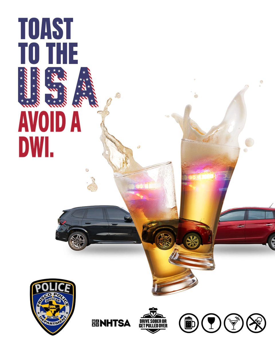 From June 26th through July 13th, Frisco PD 🚨🚔 will have extra officers on the street focused on DWI enforcement to reduce the number of alcohol-related crashes and fatalities. So #DriveSober, plan a sober ride 🚗, or schedule a rideshare 🚕 to get you home safely. No excuses.