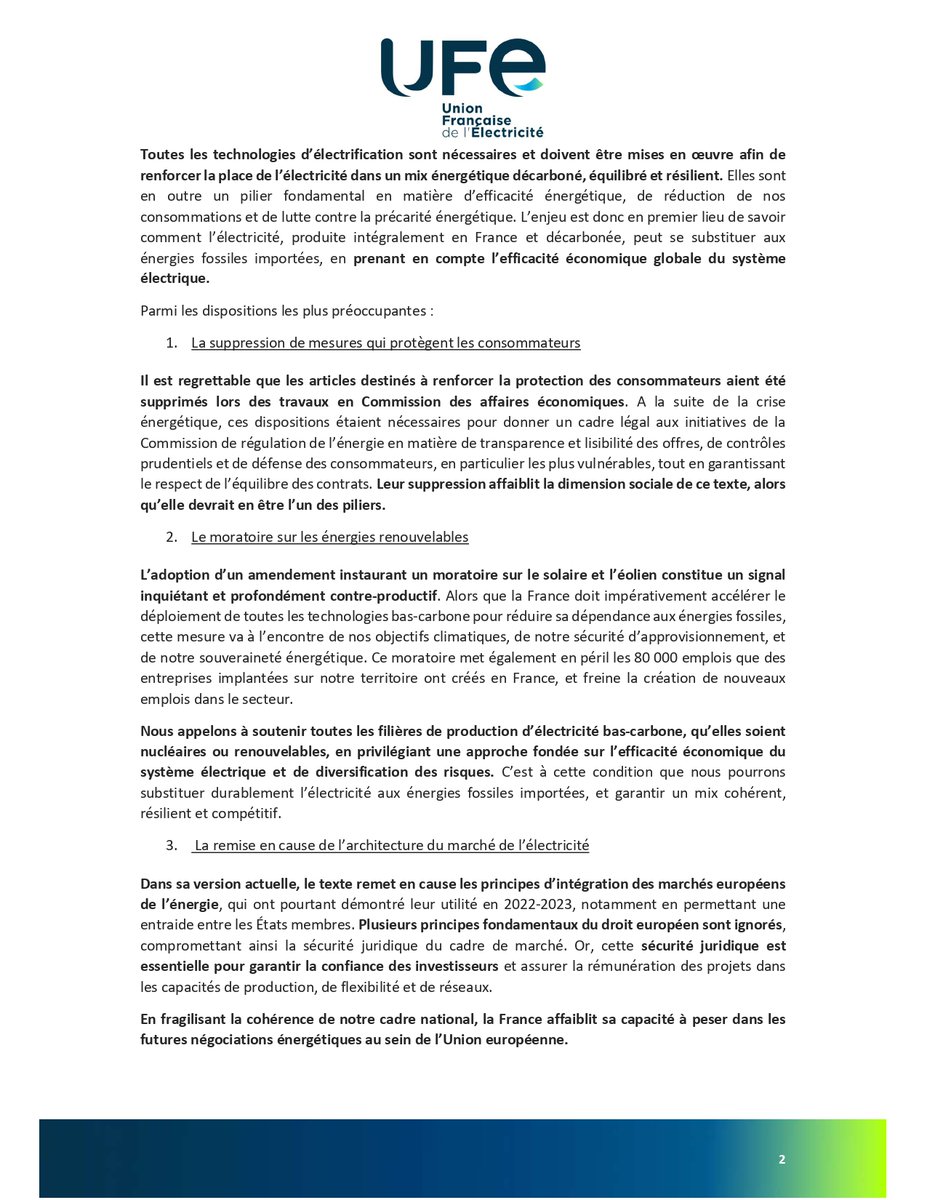 ufelectricite's tweet photo. Demain, l’@AssembleeNat sera appelée à se prononcer sur la proposition de loi devant poser les bases d’une « programmation nationale » et d’une « simplification normative » dans le secteur de l’énergie.

Plusieurs dispositions de ce texte risquent de compromettre notre sécurité d’approvisionnement énergétique et de déstabiliser le cadre réglementaire nécessaire aux investissements de long terme. En outre, toutes les dispositions visant à protéger les consommateurs et leur facture ont été supprimées, remettant en cause notre capacité collective à sortir des énergies fossiles.

L’UFE, au nom de l’ensemble de la filière électrique, incluant la production d’énergie nucléaire et renouvelable, les réseaux de transport et de distribution, ainsi que la fourniture et les services d’efficacité énergétique, appelle solennellement les députés, à faire preuve de discernement et à voter contre ce texte.

Retrouvez notre appel solennel à destination des députés🔎 https://t.co/SM6EjplMTF