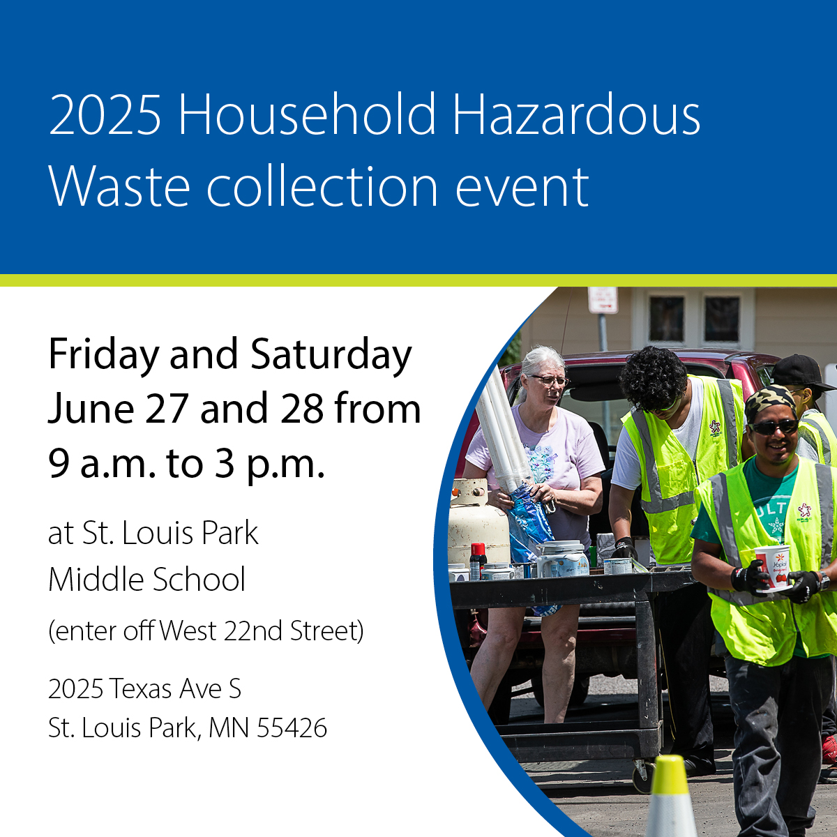 Bring your household hazardous waste to a collection event on Friday and Saturday, June 27 and 28 in St. Louis Park. Learn more about what you can bring and the 2025 event schedule at hennepin.us/collectioneven… 

#HouseholdHazardousWaste #StLouisPark #WasteCollection