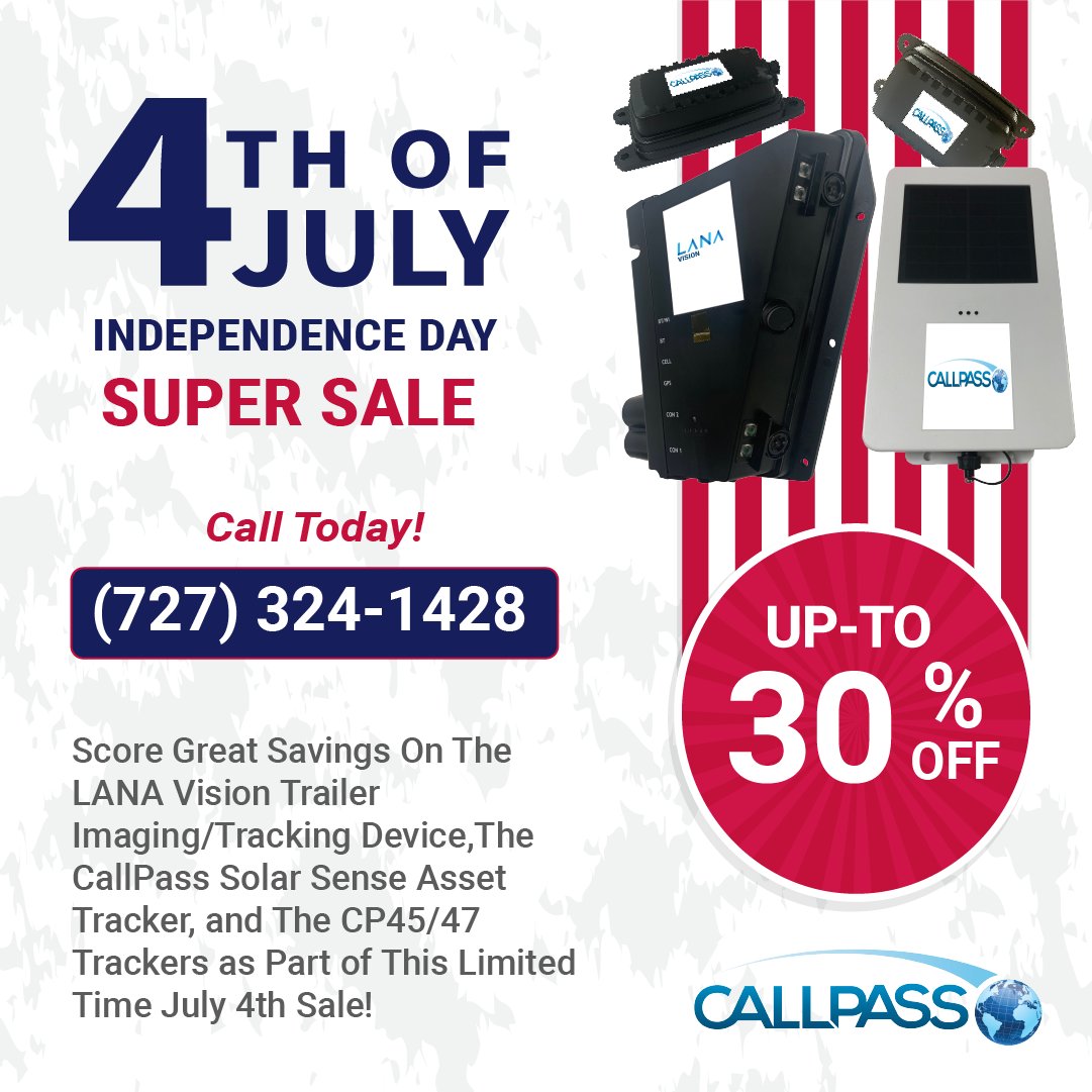 This 4th of July, declare freedom from lost or untracked equipment with CallPass Asset Tracking Solutions! bit.ly/4lhSjCh

Call today to learn more about this great sale - (727) 324-1428!

#CallPass #AssetTracking #4thofJulySale #Operations #GPSdeal #TrackWithConfidence