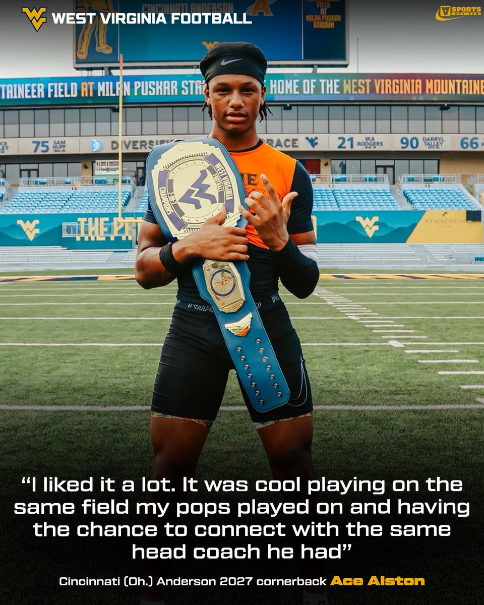 2027 four-star CB Ace Alston picked off four passes at #WVU’s 7-on-7 and soaked in a special moment on the same field his father once played on. The visit made an impact. #HailWV 

Interview 👉 gowvu.us/dx6