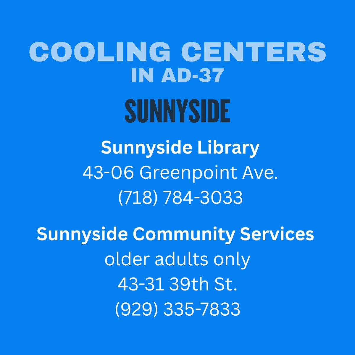 ValdezAssembly's tweet image. Stay safe from the heat Queens! NYC is under an extreme heat watch for the next couple days. Drink water, check on each other, and stay cool at one of the designated cooling centers across the city.
We’ve listed a few below, but for a full list visit: finder.nyc.gov/coolingcenters