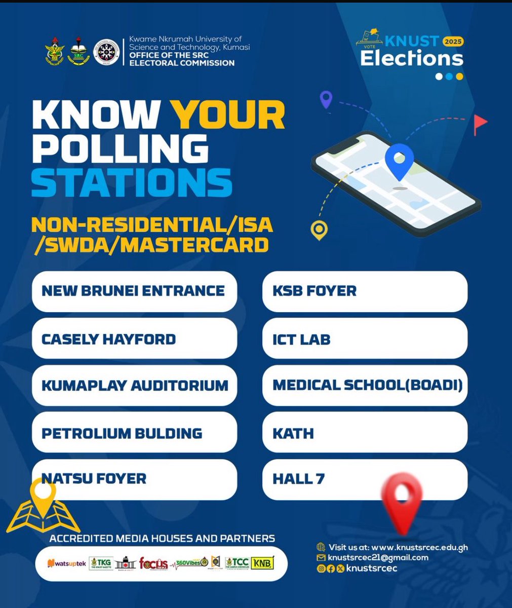 KNUSTSRCEC's tweet image. Polling stations for the Non-Residential/ISA/SWDA and Mastercard Elections.

#KNUSTDecides2025