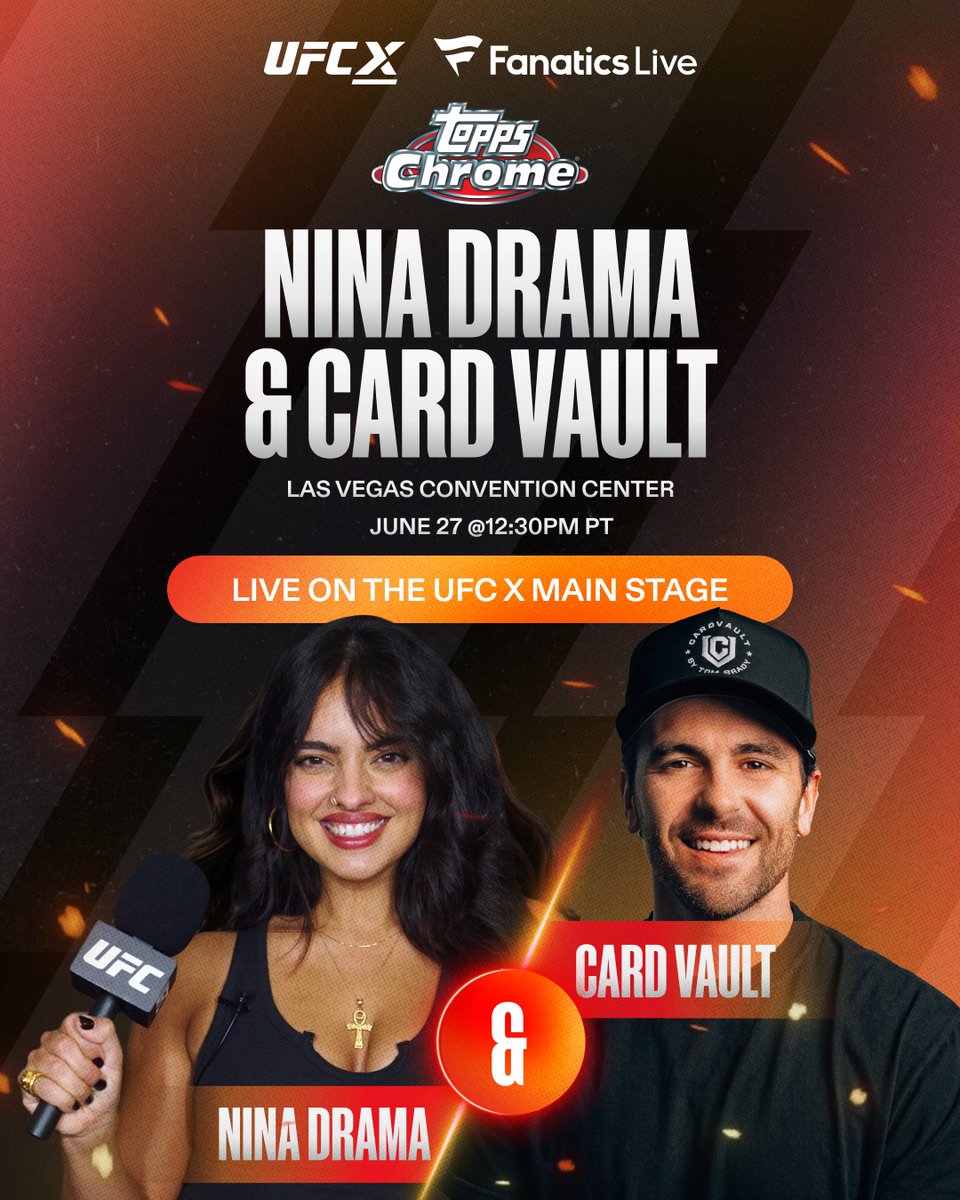 fanaticslive's tweet image. Fanatics Live is taking over the UFC X Main Stage at the Las Vegas Convention Center with two back-to-back Topps Chrome UFC breaks🥊
12:30PM PT – Nina Drama and Card Vault kick things off with a Rip It Fridays break of 2025 Topps Chrome UFC Hobby.👀
1:00PM PT – Then it’s Dana…