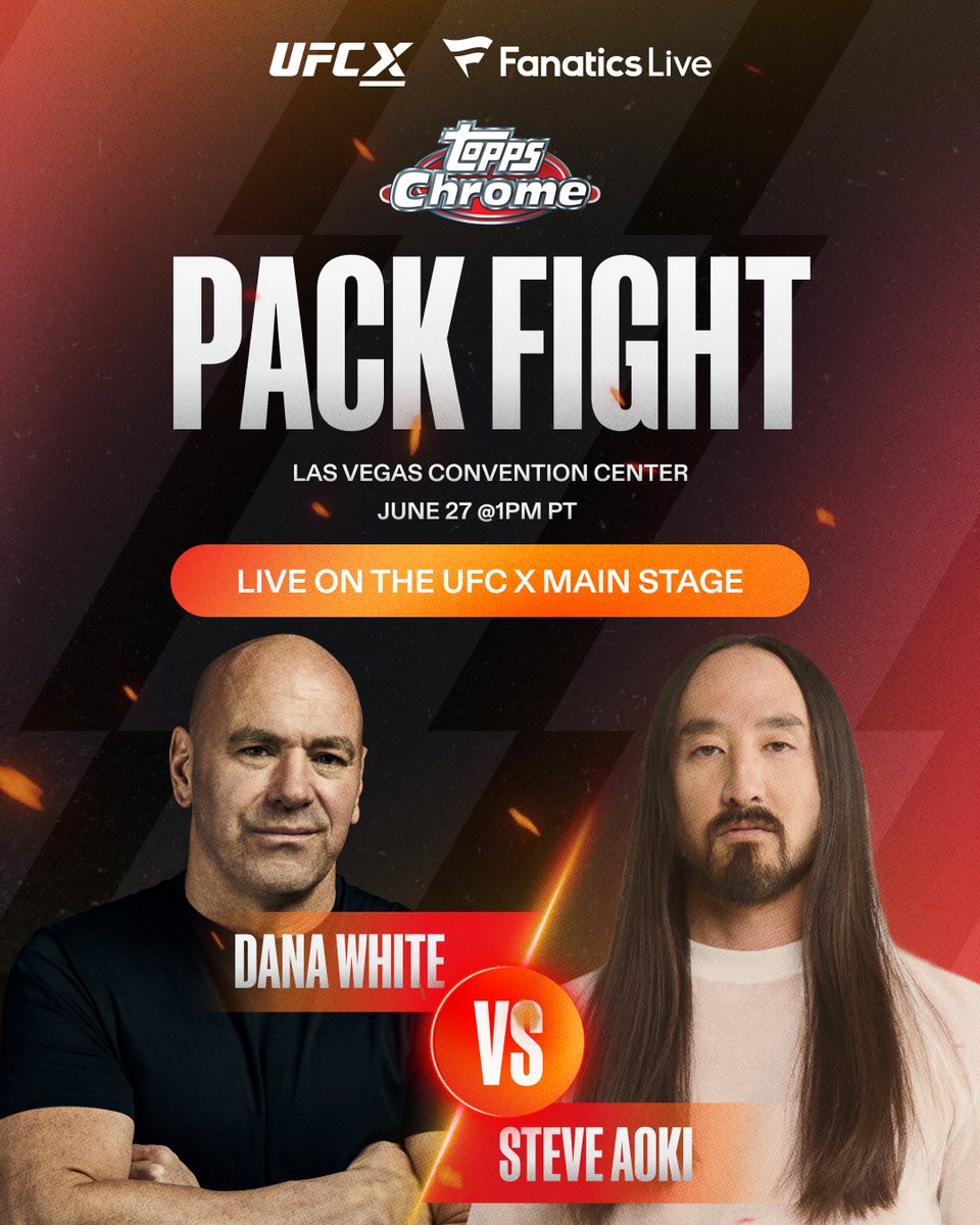 fanaticslive's tweet image. Fanatics Live is taking over the UFC X Main Stage at the Las Vegas Convention Center with two back-to-back Topps Chrome UFC breaks🥊
12:30PM PT – Nina Drama and Card Vault kick things off with a Rip It Fridays break of 2025 Topps Chrome UFC Hobby.👀
1:00PM PT – Then it’s Dana…