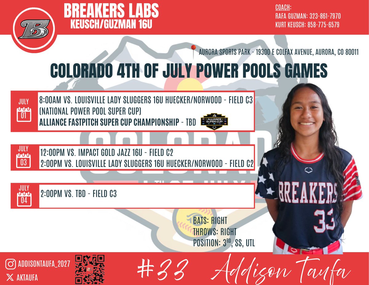 Addison Taufa 2027 (@aktaufa) on Twitter photo I'm ready for Colorado this summer! I'll be competing on Team Polynesia, 16U. Then my team <a href="/BreakersKeusch/">Breakers Labs - Keusch/Guzman 16u</a> will play in TCS National Power Pool. So excited!! <a href="/808Premier/">808 Premier Fastpitch</a> <a href="/CoastRecruits/">Coast 2 Coast Recruits</a> <a href="/CoastRecruitsSB/">Coast Recruits 🥎</a> <a href="/los_stuff/">Carlos Arias</a> <a href="/SBRRetweets/">Softball Recruiting Reposts</a> <a href="/gatorjack72/">Girls In The Game</a> <a href="/TCSFastpitch/">TC Fastpitch</a> <a href="/LegacyLegendsS1/">Legacy & Legends Softball</a> I'm ready for Colorado this summer! I'll be competing on Team Polynesia, 16U. Then my team <a href="/BreakersKeusch/">Breakers Labs - Keusch/Guzman 16u</a> will play in TCS National Power Pool. So excited!! <a href="/808Premier/">808 Premier Fastpitch</a> <a href="/CoastRecruits/">Coast 2 Coast Recruits</a> <a href="/CoastRecruitsSB/">Coast Recruits 🥎</a> <a href="/los_stuff/">Carlos Arias</a> <a href="/SBRRetweets/">Softball Recruiting Reposts</a> <a href="/gatorjack72/">Girls In The Game</a> <a href="/TCSFastpitch/">TC Fastpitch</a> <a href="/LegacyLegendsS1/">Legacy & Legends Softball</a>