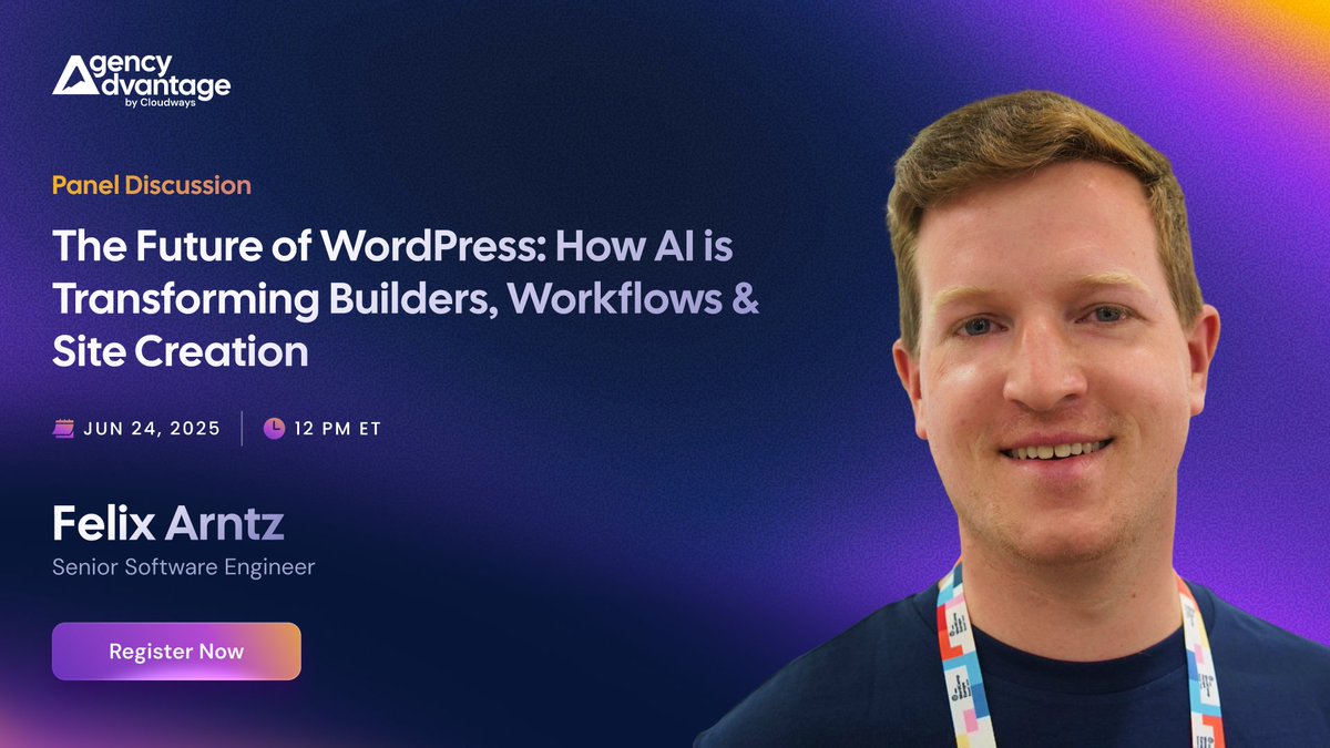 felixarntz's tweet image. In 24 hours, @jameswlepage, @jeffpaul, @swissspidy and myself will be discussing AI and WordPress in a panel as part of the #TheAgencyAdvantage virtual conference.
Happening on June 24 at 12pm ET.
Join us: cloudways.com/en/agency-adva…