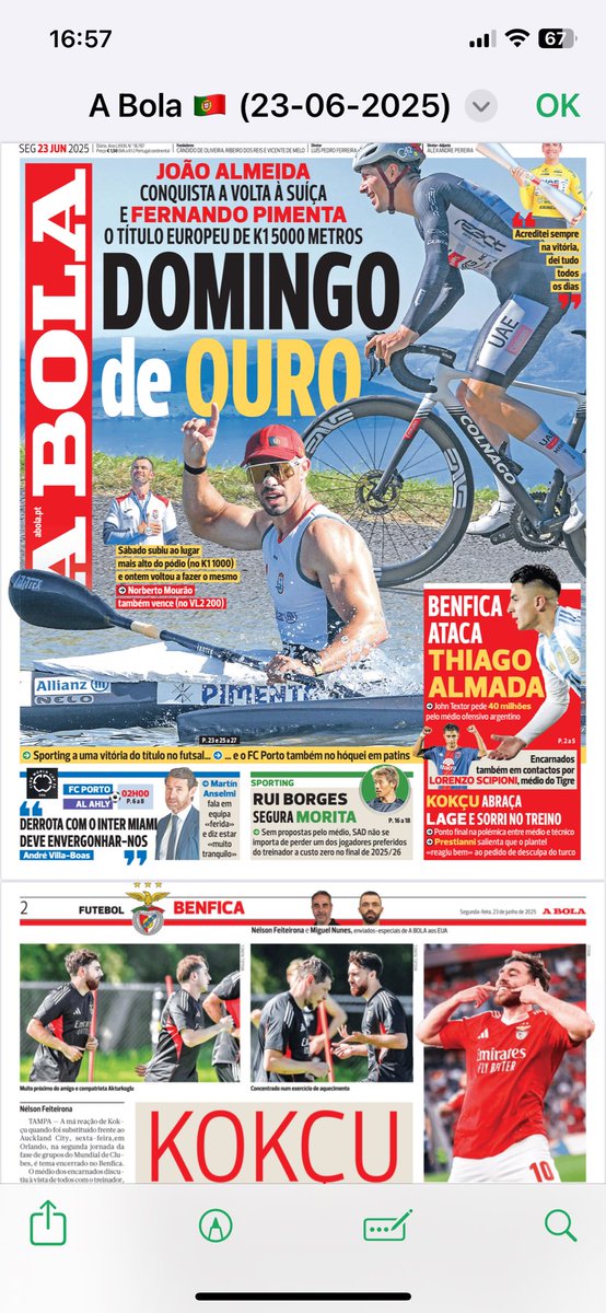 Adoro futebol! mas não vivemos desportivamente da bola.
Primeira página a valorizar 👍