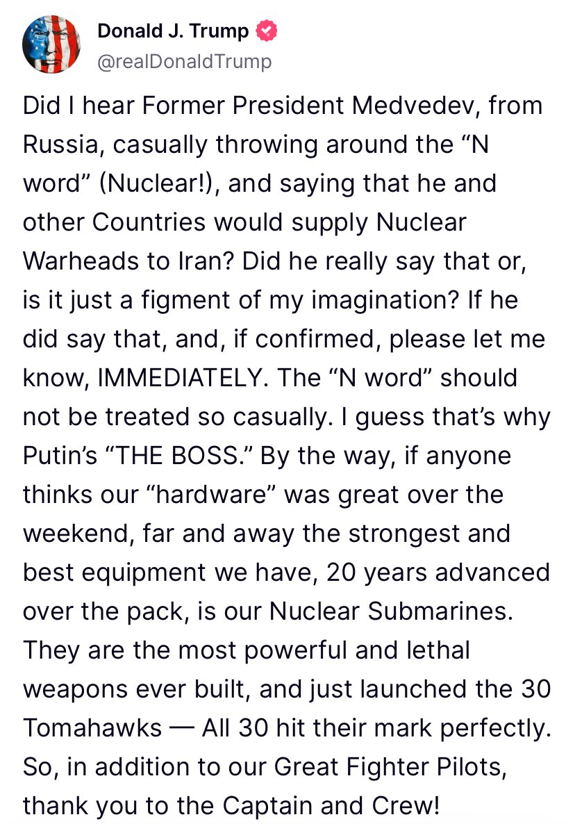 Is Donald Trump totally unaware that Russia and Putin are backing Ayatollah Khamenei in the Iran/Israel/U.S. War?

But do go on about the former president, Dmitry Medvedev.

He's so inept.