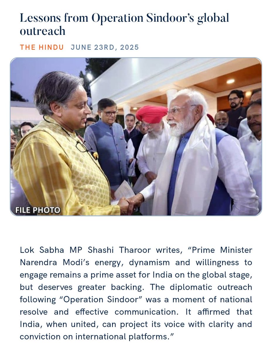 Lok Sabha MP and former Union Minister Dr. @shashitharoor writes- Lessons from Operation Sindoor’s global outreach.

thehindu.com/opinion/lead/l… 

via NaMo App