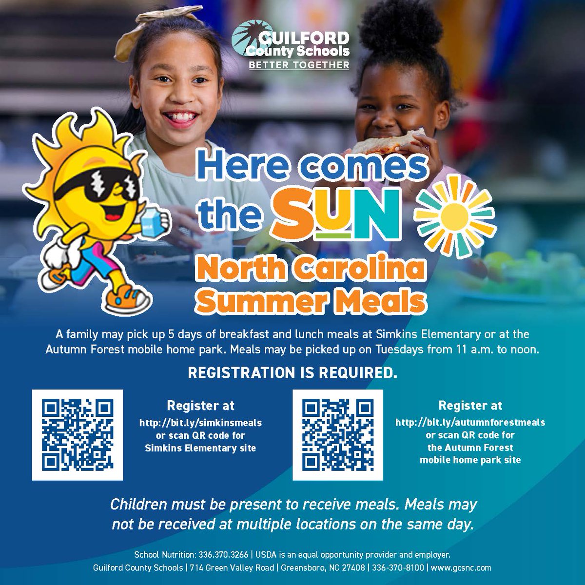 #GCSUpdates | Summer meals start THIS WEEK in GCS! 🍎

This year, we are offering two different types of distributions. You can participate in the standard breakfast and lunch pickup at one of our school locations, OR pick up five days' worth of meals at one of two locations.