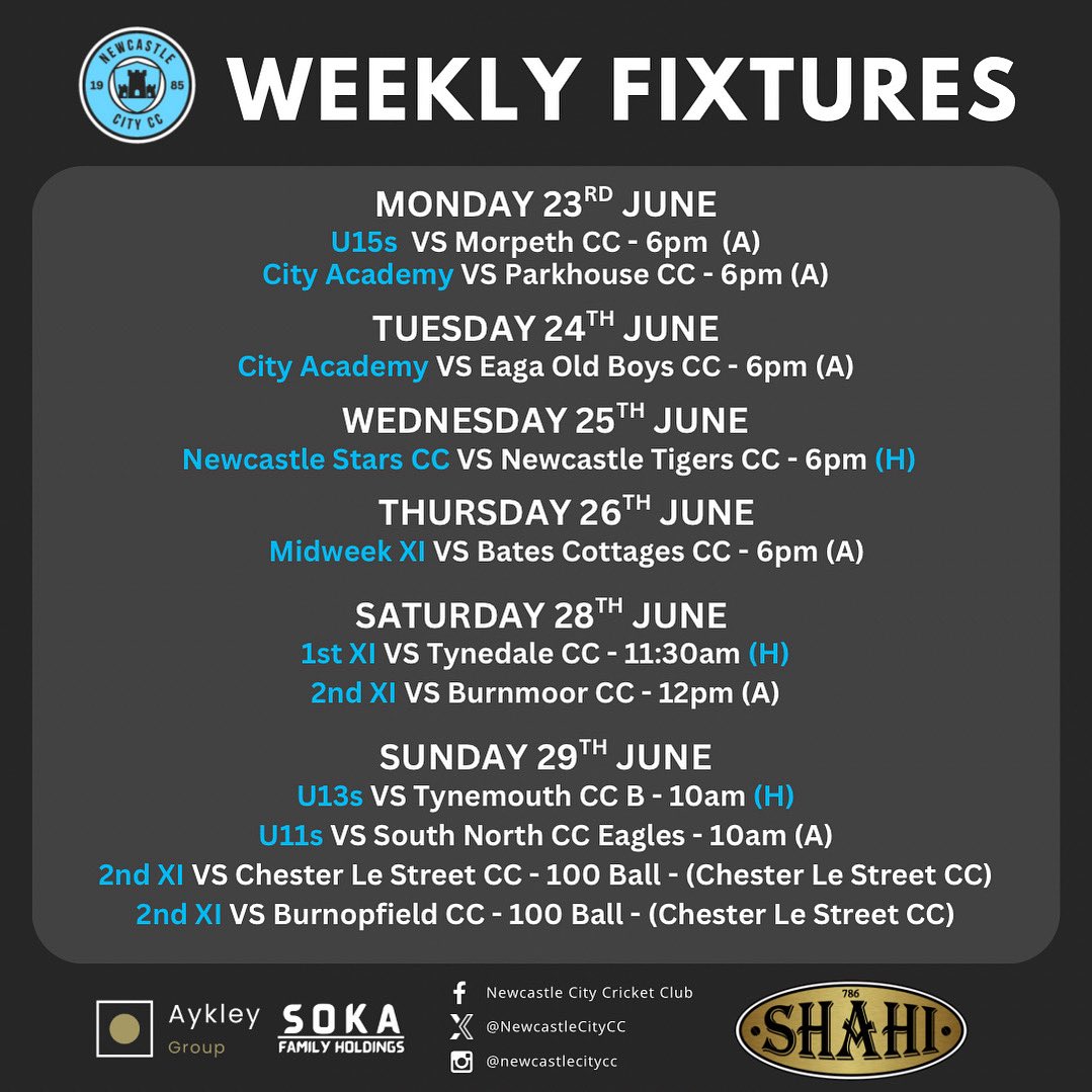 This Week’s Fixtures… 🏏🏏

Sponsor Shoutout: Shahi Halal Caterers
“From weddings to corporate feasts, Shahi Catering brings gourmet flair and mouthwatering flavor to your most important occasions. Impress every guest!”

Main Sponsors: Aykley Group, Soka Family Holdings