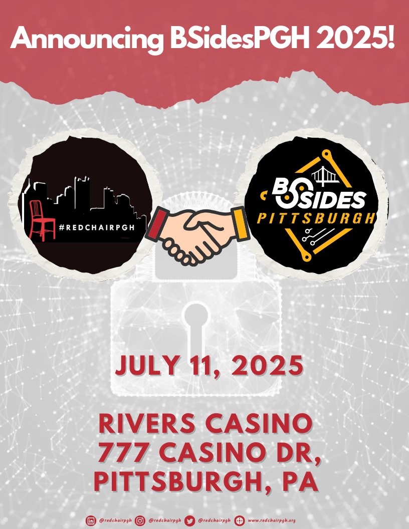 We’re thrilled to share that Red Chair has been invited to host a booth at BSidesPGH 2025!

🗓 When: July 11, 2025

 📍 Where: Rivers Casino, Pittsburgh

Register Today!

events.humanitix.com/bsidespgh-2025

#RedChairPGH #BSidesPGH #Cybersecurity #WomenInTech #PittsburghEvents #TechForGood