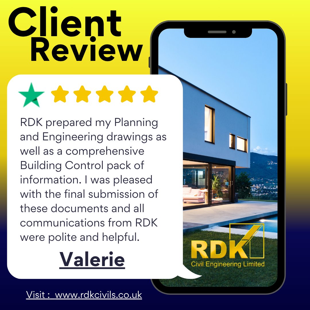 We're incredibly proud to share another fantastic 5-star Trustpilot review from Valerie! ⭐ #TrustpilotReview #ClientSatisfaction #RDKCivilEngineering #ComprehensiveService #PlanningAndDesign #BuildingControl #UKConstruction