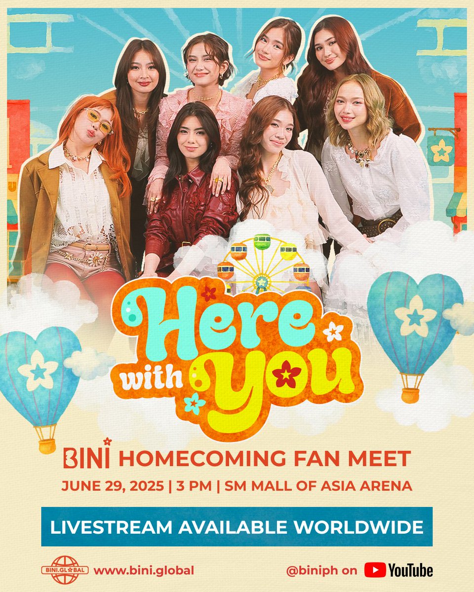 BINI_ph's tweet photo. After 15 incredible stops on the #BINIverseWorldTour2025, THE GIRLS ARE BACK!🌸

Here With You: BINI Homecoming Fan Meet happens on June 29 at 3:00 PM PHT, and we invite ALL Blooms to be part of this un4gettable reunion! 🏠🌍

Watch the LIVESTREAM on https://t.co/L9BucX3iy1 or the BINI Official YouTube Channel FOR FREE!😍

#BINI #BINIverse #BINIGLOBAL #BINI_HomeComingFanMeet #BINI_Un4gettableJUNE