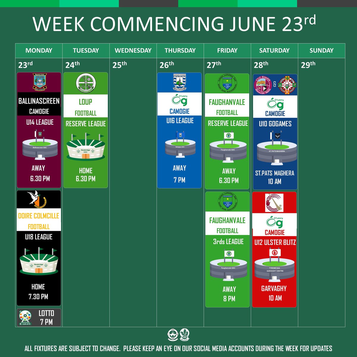 🇳🇬📅 𝗪𝗘𝗘𝗞𝗟𝗬 𝗙𝗜𝗫𝗧𝗨𝗥𝗘𝗦

See post for our schedule of games and events this week.  Please keep an eye on the social media channels for updates.