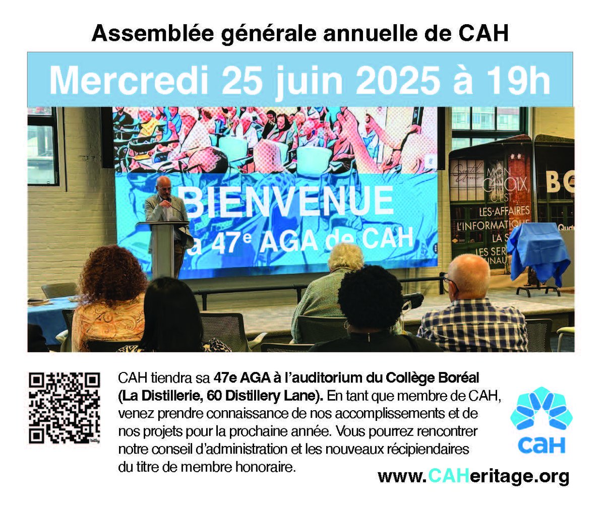 C'est le COMPTE à REBOURS! 
Ce mercredi, 25 juin, aura lieu notre AGA 2025! C'est le temps de renouveler pour les membres de renouveler leur affiliation #CAH. Faites entendre votre voix! 
#AGA #aînés #enfrançais caheritage.org/cah/assembleeg…