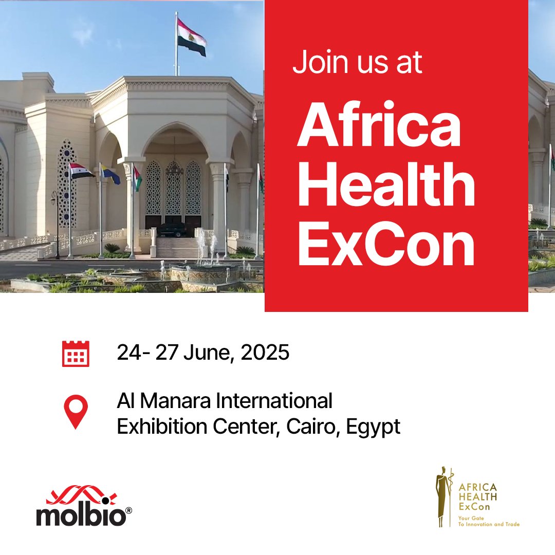 MolbioDx's tweet image. Molbio Diagnostics is present at 𝗔𝗳𝗿𝗶𝗰𝗮 𝗛𝗲𝗮𝗹𝘁𝗵 𝗘𝘅𝗖𝗼𝗻 from 𝗝𝘂𝗻𝗲 𝟮𝟰–𝟮𝟳 in Cairo.

Stop by our booth at Al Manara International Exhibition Center to explore how #Truenat, #Prorad, and #Optrascan are making high-quality diagnostics faster, simpler, and more…