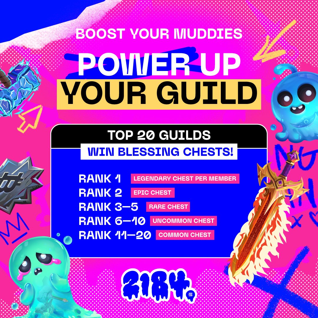 🛡️ Guild Glory Rush: Top 20 Rewards 

  To celebrate the launch of 2184, we’re rewarding the most active guilds during the first two weeks! Join or form a guild, level up your Muddies, and do guild quests to help your Guild climb the leaderboard!

📆 Event Duration:
From Launch