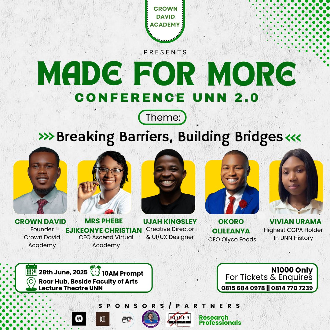 UjahKingsley3's tweet photo. This weekend, I’ll be speaking at the Made for More Conference 2.0 at UNN!

We’ll be unpacking what it truly means to break barriers and build bridges in today’s world.

Can’t wait to connect, learn, and grow with an amazing community.

#MadeForMore2025 #UNN #Leadership #Growth https://t.co/b5VCdRhOed
