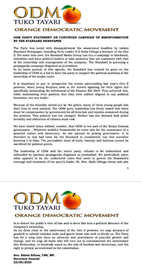 BREAKING NEWS: ODM Secretary General Edwin Sifuna issues a strongly-worded statement accusing the Standard Media Group of running a propaganda campaign aimed at blackmailing Raila Odinga.

This is the day that the Lord has made. We will rejoice and be glad in it.