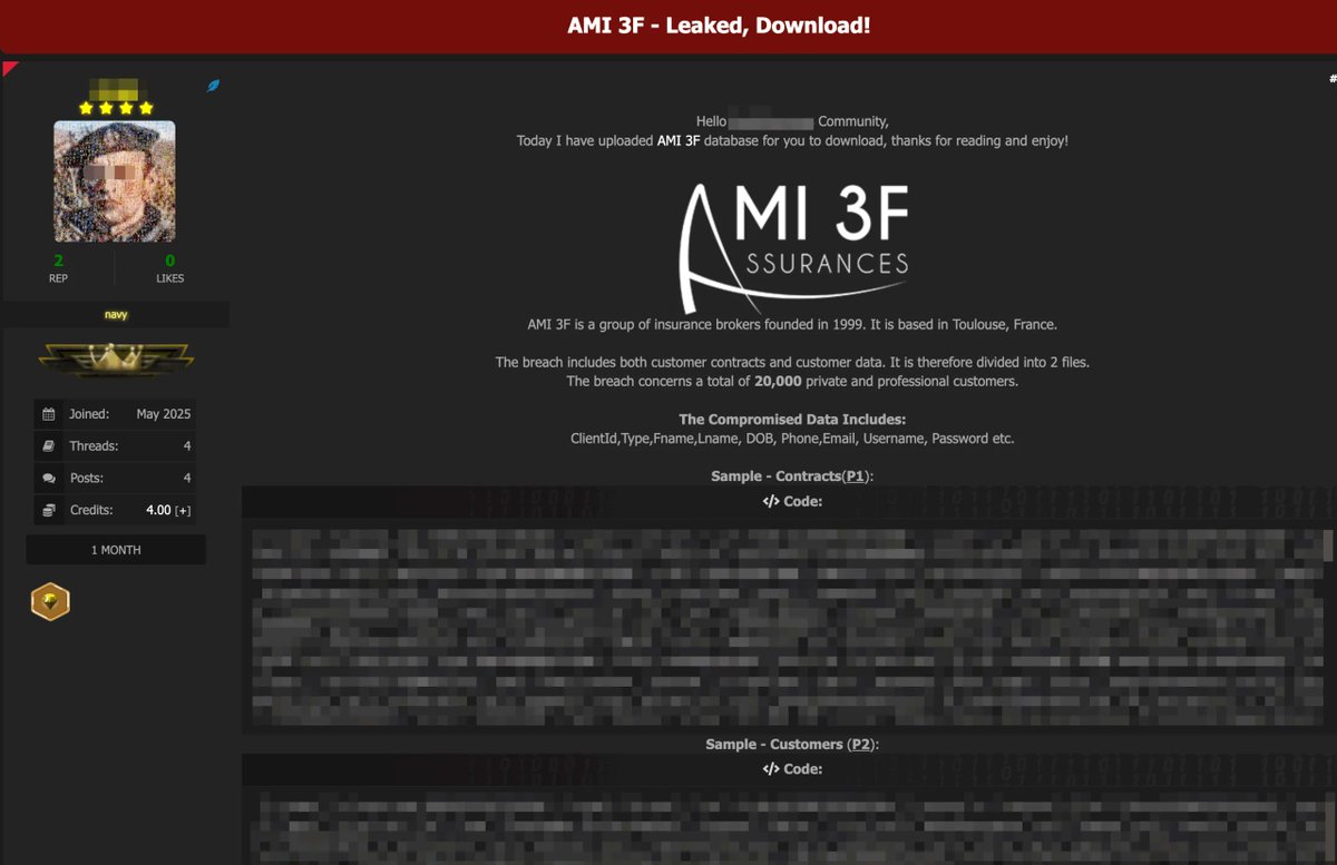 French Insurance Broker AMI 3F Allegedly Breached 20K Customer Records Leaked dailydarkweb.net/french-insuran…
