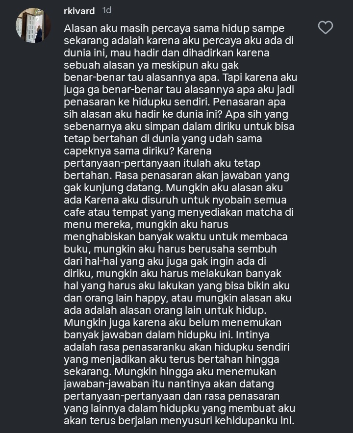 rkivard's tweet photo. @undaanggita Kak aku izin ikutan ya, izin mau mutualan juga heheheh
Ini alasan aku masih percaya sama idup, karena aku yakin pasti ada tujuan aku ada di dunia ini.
Semoga tulisanku yang agak berantakan ini bisa dipahami ya kak hehehe wish me luck 💜🥰 https://t.co/3oDhC93UJ0