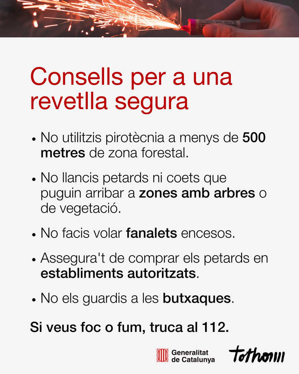 ⚠️ En prealerta el pla PROCICAT, per la revetlla de Sant Joan d'aquesta nit.

RECORDA:

🌳 No encenguis coets ni facis servir pirotècnia a menys de 500 metres de zones forestals.

🔥 El risc d'incendi és alt a força zones de Catalunya. 

Molta prudència!